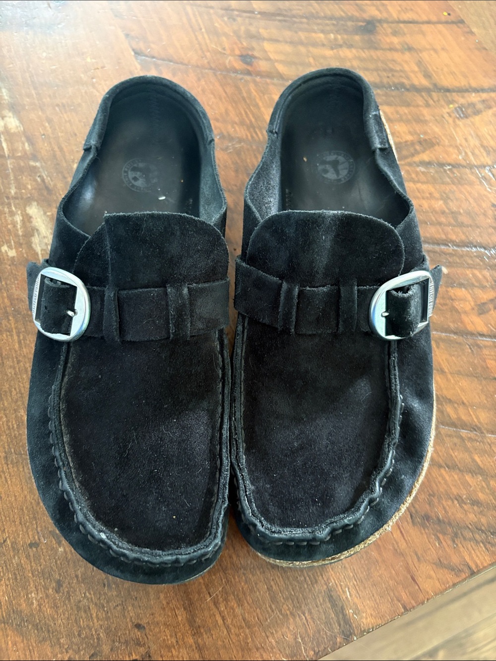 Birkenstock Women's Black Suede Slip-On Loafers with Silver Buckle